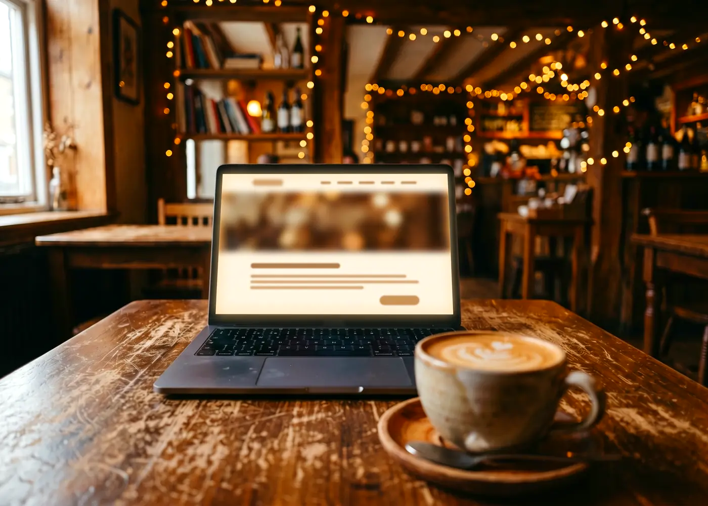 An AI generated image of a laptop on a wooden café table beside a latte