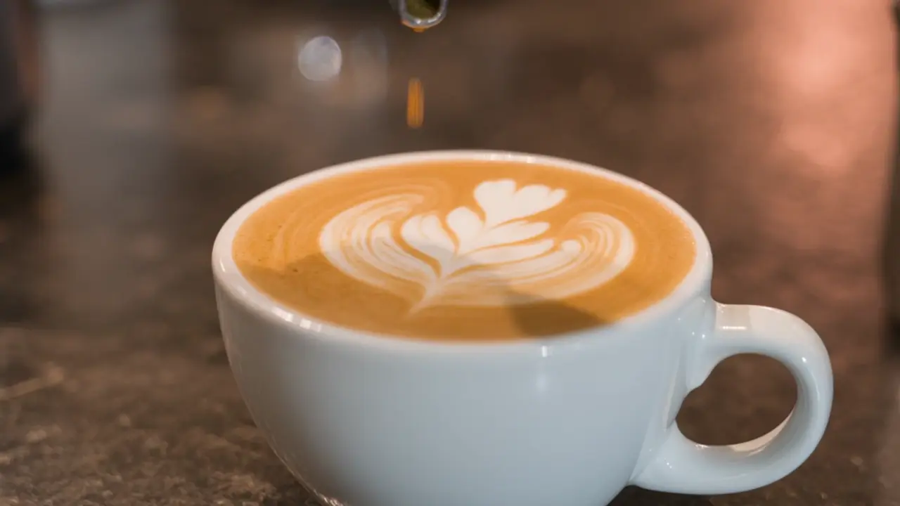 A latte with rosetta art in a white cup, photographed close up in warm light