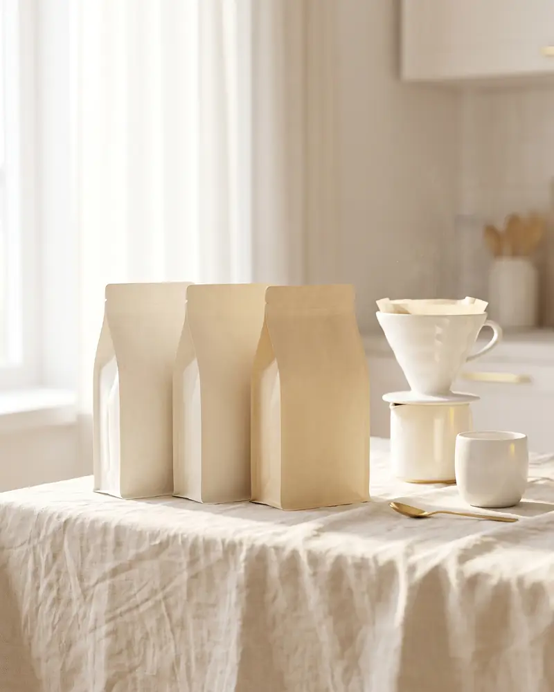 Three plain paper coffee bags beside a white pour-over dripper and cup in soft morning light