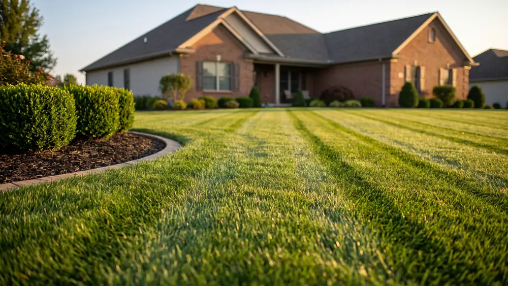 A well kept suburban front lawn with crisp mowing stripes in golden hour light