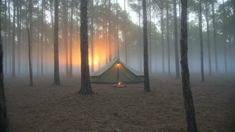 A canvas tent and camp gear in a misty longleaf pine forest at dawn