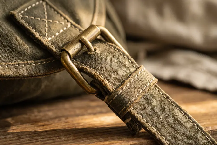 A solid brass buckle on a stitched olive canvas strap
