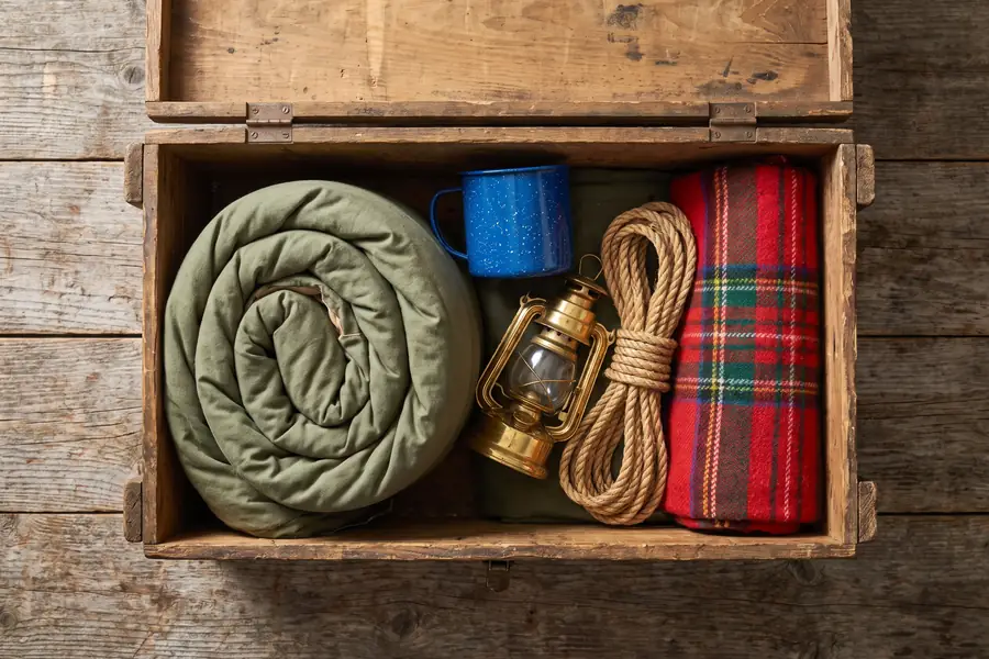 An open wooden crate packed with camping gear