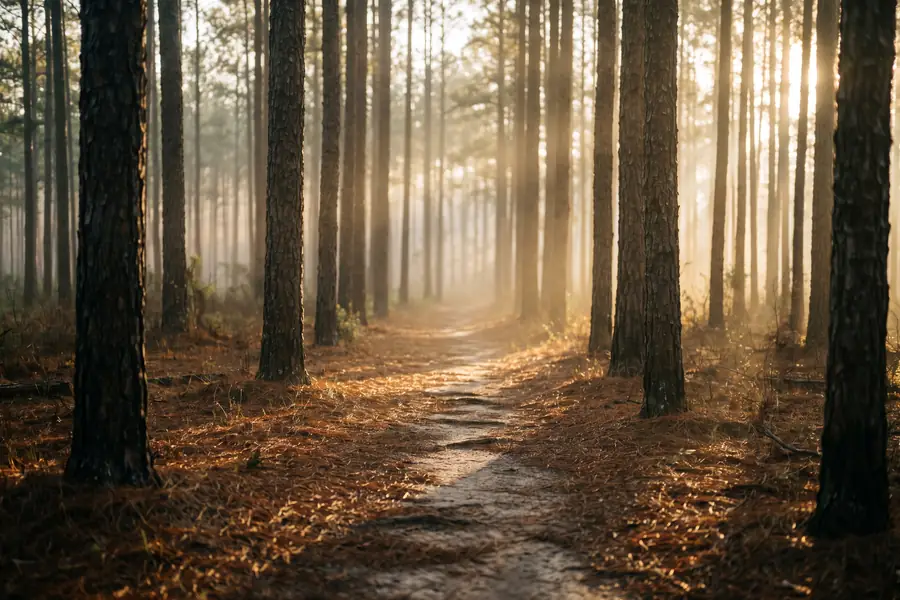 A dirt trail winding through tall pines at dawn