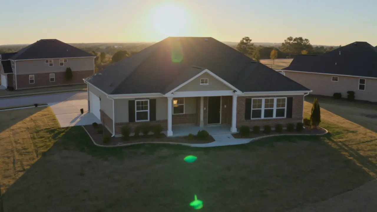 A suburban house photographed from the air in golden hour light, with a newly shingled roof